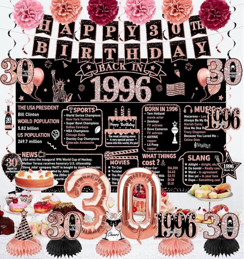 30th Birthday Decorations for Women,21pcs the Year 1996 Banner Balloon Party Supplies, Rose Gold 30 Year Old Birthday Backdrop, 30 Bday Sash