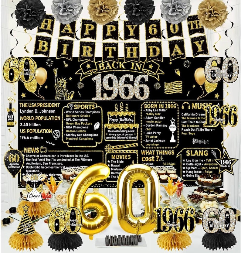 60th Birthday Decorations for Men Women, 21pcs the Year 1966 Banner Balloon Party Supplies, Black Gold 60 Year Old Birthday Backdrop