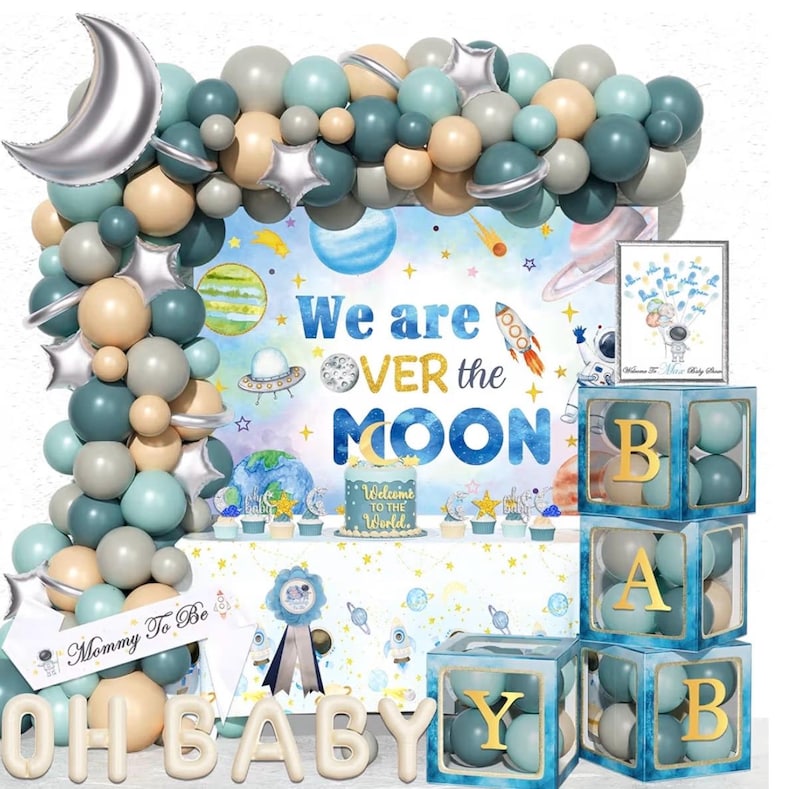 Over The Moon Baby Shower Decorations, Moon and Stars Baby Shower Decor, Space Astronaut Themed Party Supplies Backdrop Balloon 124 PCs