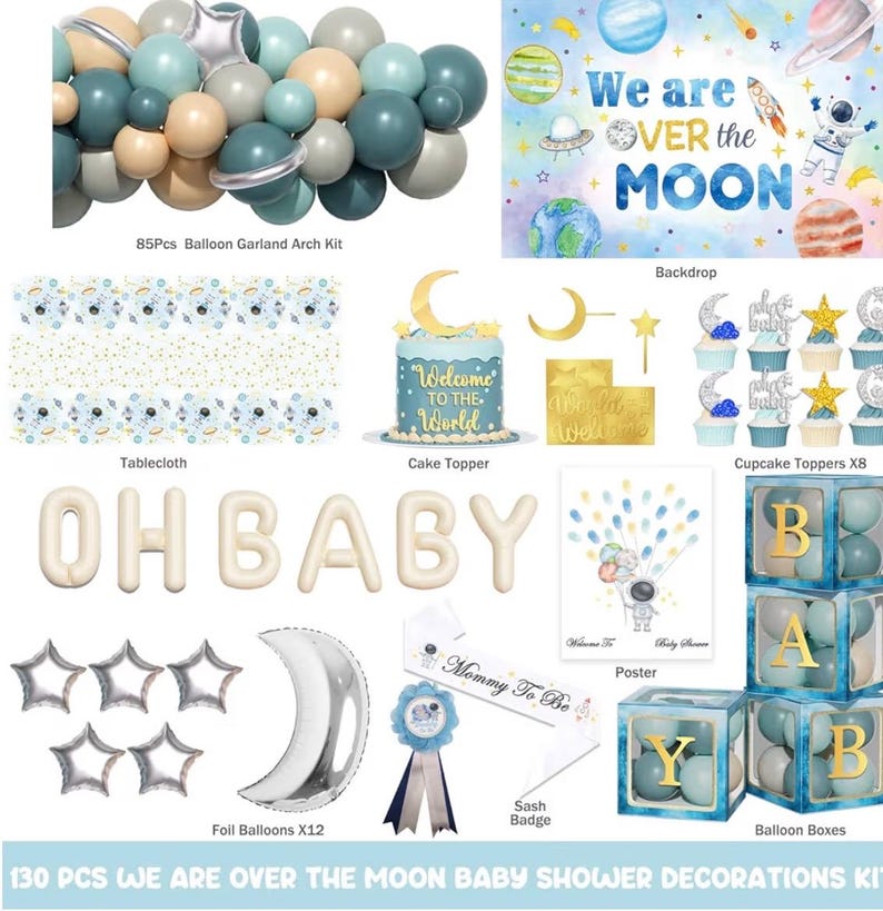 Over The Moon Baby Shower Decorations, Moon and Stars Baby Shower Decor, Space Astronaut Themed Party Supplies Backdrop Balloon 124 PCs