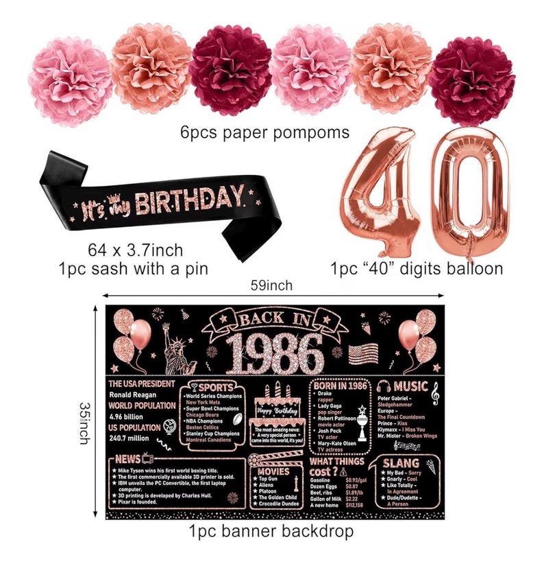 40th Birthday Decorations for Women, 21pcs the Year 1986 Banner Balloon Party Supplies, Rose Gold 40 Year Old Birthday Backdrop,40 Bday Sash