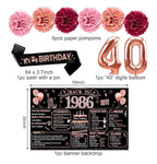 40th Birthday Decorations for Women, 21pcs the Year 1986 Banner Balloon Party Supplies, Rose Gold 40 Year Old Birthday Backdrop,40 Bday Sash