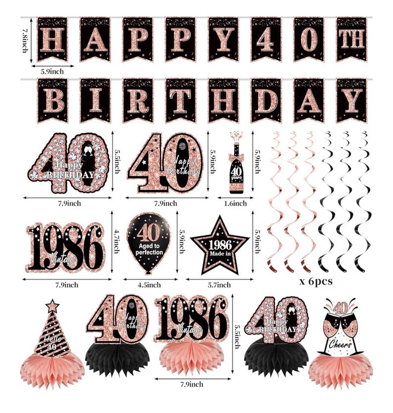 40th Birthday Decorations for Women, 21pcs the Year 1986 Banner Balloon Party Supplies, Rose Gold 40 Year Old Birthday Backdrop,40 Bday Sash