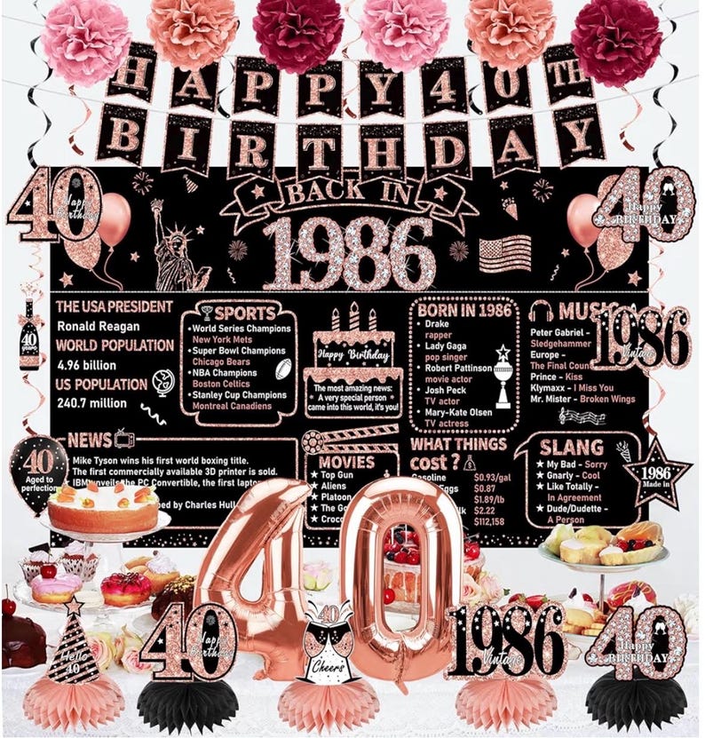 40th Birthday Decorations for Women, 21pcs the Year 1986 Banner Balloon Party Supplies, Rose Gold 40 Year Old Birthday Backdrop,40 Bday Sash