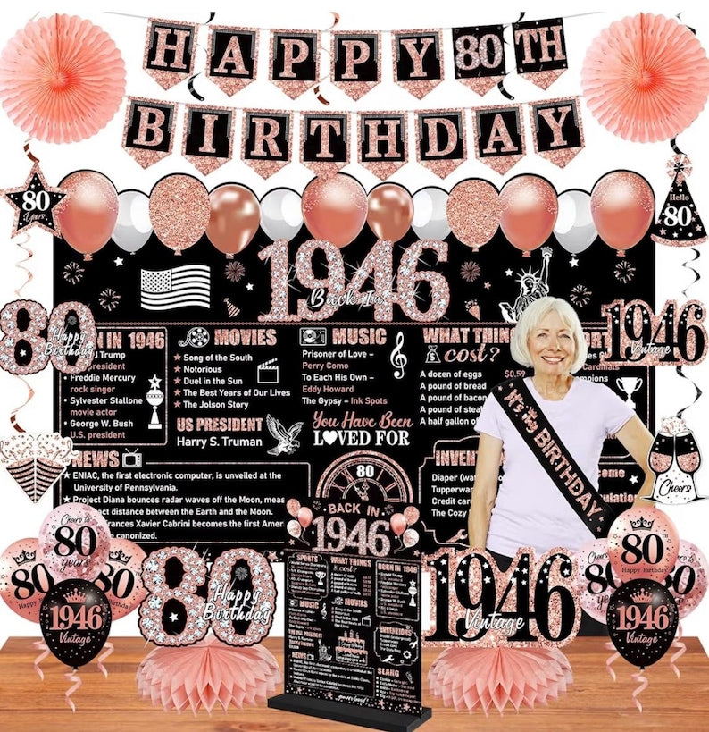 80th Birthday Decorations for Women, 25PCS Black Rose Gold Happy 80th Birthday Banner Vintage 1946 Backdrop Back in 1946 Wooden Table Poster
