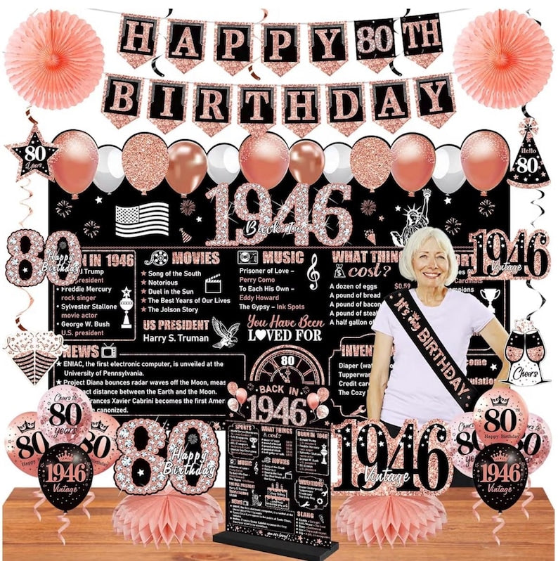 80th Birthday Decorations for Women, 25PCS Black Rose Gold Happy 80th Birthday Banner Vintage 1946 Backdrop Back in 1946 Wooden Table Poster