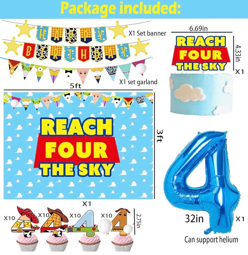 Cartoon Story 4th Birthday Party Supplies Reach Four The Sky Birthday Decorations include Balloon Arch kits Backdrop Banner Cake Topper