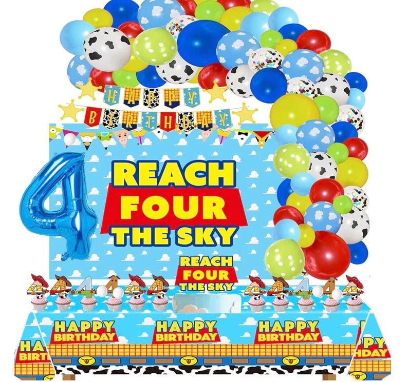 Cartoon Story 4th Birthday Party Supplies Reach Four The Sky Birthday Decorations include Balloon Arch kits Backdrop Banner Cake Topper