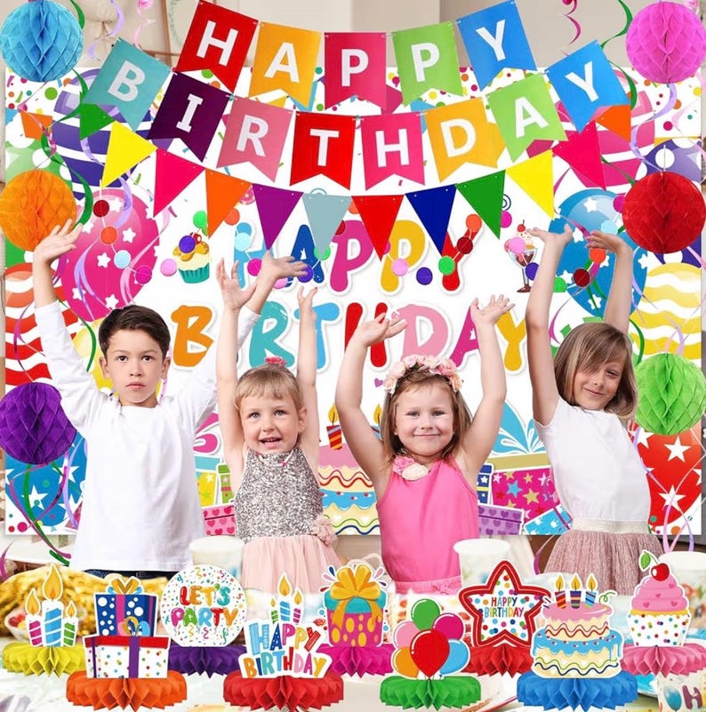 Birthday Decorations Kit, Happy Birthday Party Banner, Honeycomb Balls, Metallic Hanging Swirls, Circle Garland, Colorful Party Decorations
