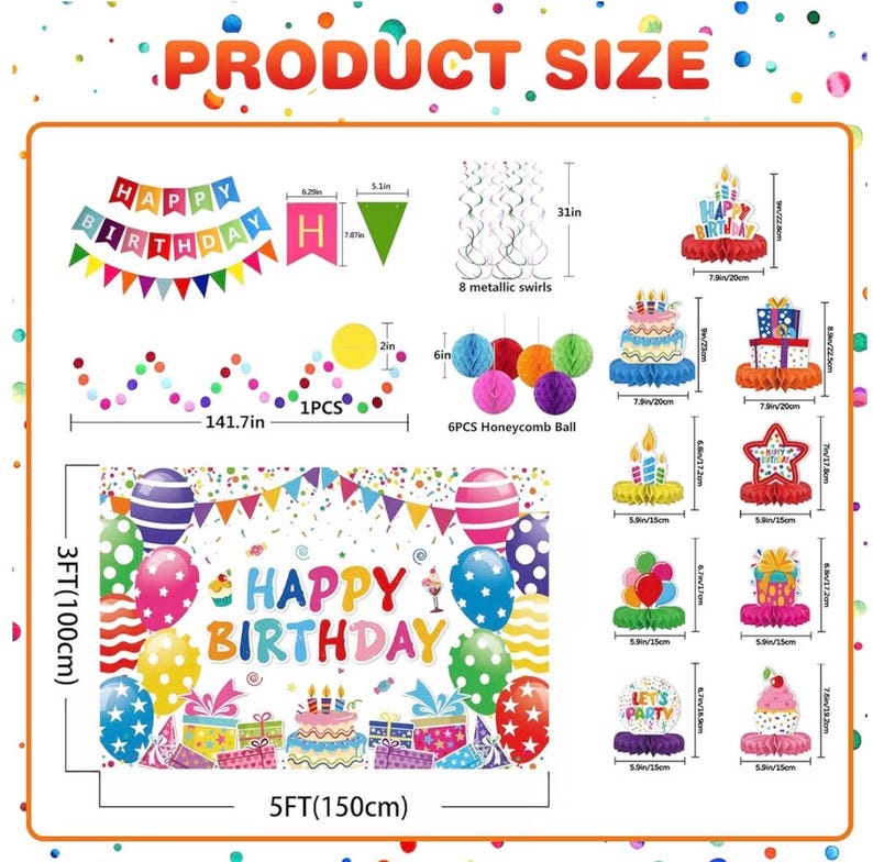 Birthday Decorations Kit, Happy Birthday Party Banner, Honeycomb Balls, Metallic Hanging Swirls, Circle Garland, Colorful Party Decorations