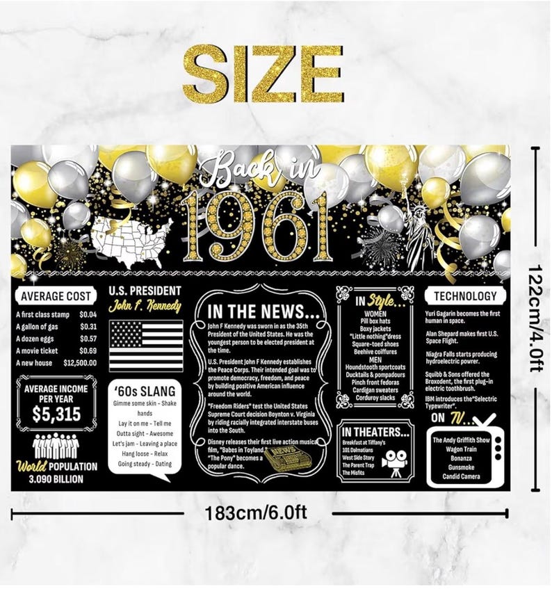 65th Birthday Black Gold Party Decoration Back in 1961 Backdrop Large Banner Birthday Party Poster Supplies Vintage 1961 Photography