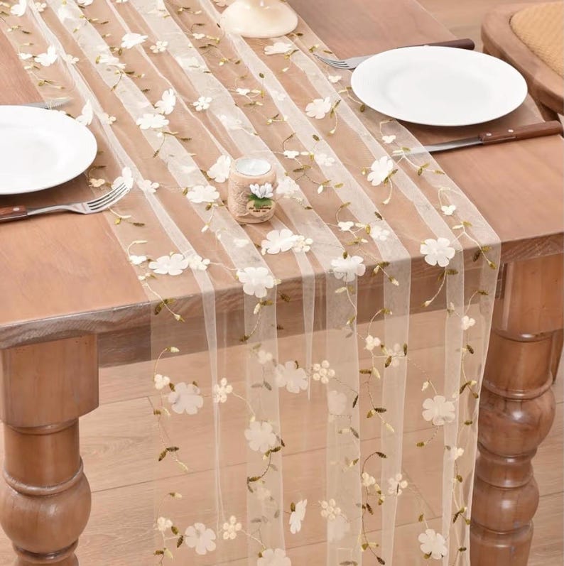 Beige Spring Summer Table Runner 10ft Embroidery Floral Wildflowers Seasonal Rustic Gauze Runner for Baby Shower Wedding Party Holiday Home
