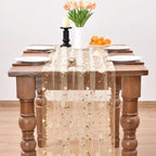 Beige Spring Summer Table Runner 10ft Embroidery Floral Wildflowers Seasonal Rustic Gauze Runner for Baby Shower Wedding Party Holiday Home