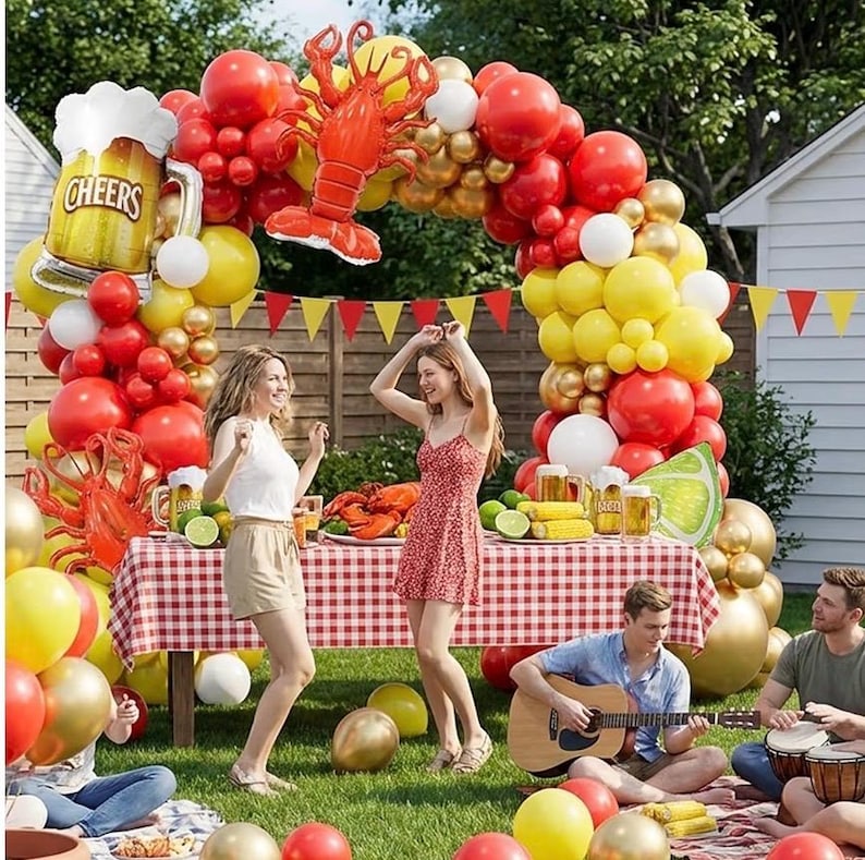 Crawfish Boil Party Supplies, 150pcs Crawfish Balloon Arch Garland Kit with Red Yellow Gold Latex Balloons, Crawfish Beer Lemo Foil Balloons
