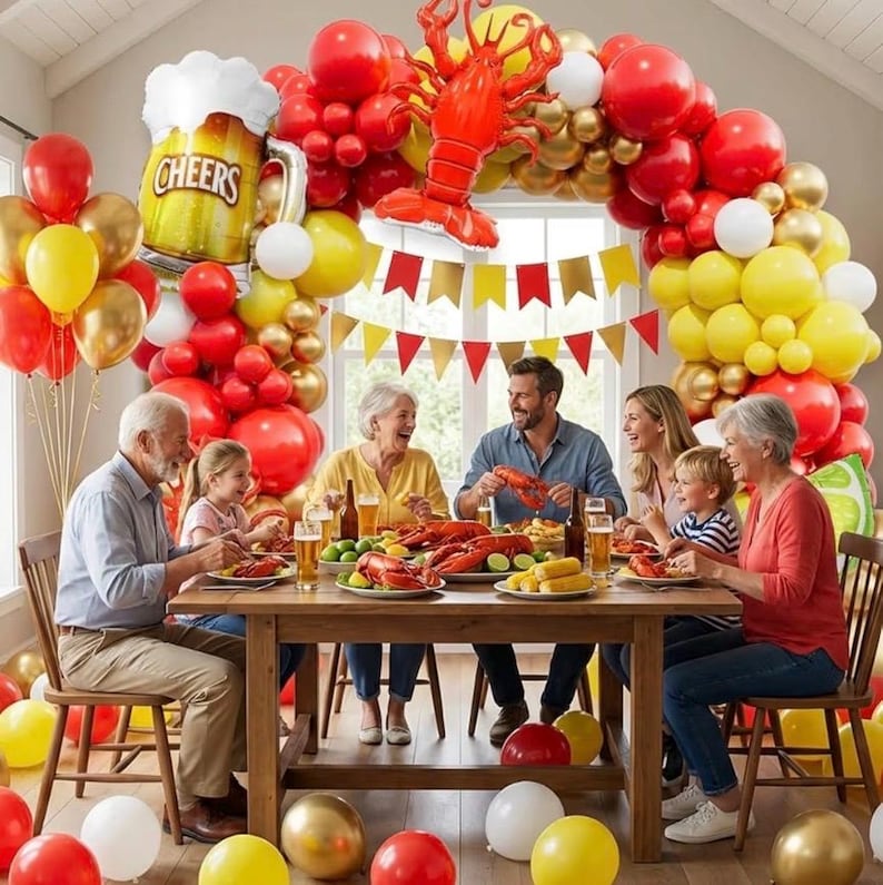 Crawfish Boil Party Supplies, 150pcs Crawfish Balloon Arch Garland Kit with Red Yellow Gold Latex Balloons, Crawfish Beer Lemo Foil Balloons