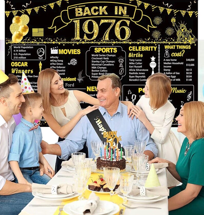 50th Birthday Black Gold Party Decoration, Back in 1976 Banner 50 Year Old Birthday Party Poster Supplies Vintage 1976 Backdrop Photography