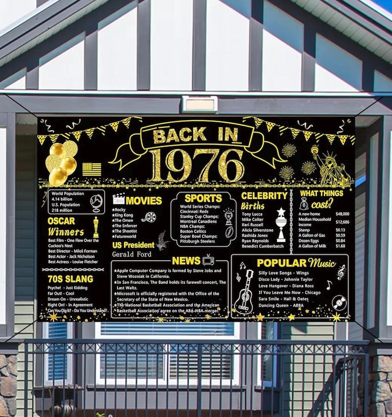 50th Birthday Black Gold Party Decoration, Back in 1976 Banner 50 Year Old Birthday Party Poster Supplies Vintage 1976 Backdrop Photography