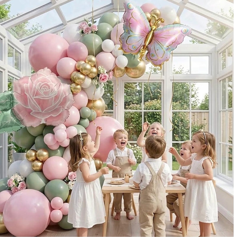 Spring Flower Balloon Garland Kit with Green Pink gold balloons Flower & Butterfly Foil Balloons for Baby in Bloom Decorations Butterfly
