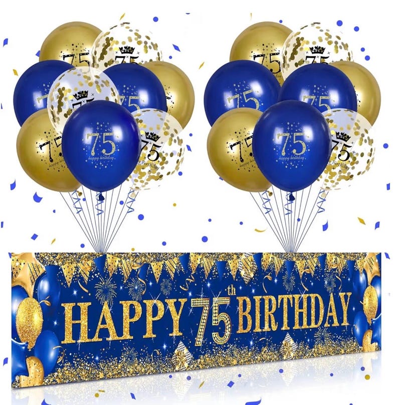 Blue Gold 75th Birthday Decorations for Men Women, Navy Blue Gold Happy 75th Birthday Party Yard Banner 18 PCS 75 th Balloons for 75 Years