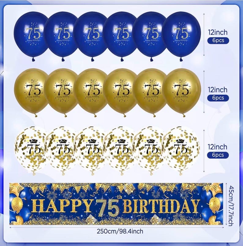 Blue Gold 75th Birthday Decorations for Men Women, Navy Blue Gold Happy 75th Birthday Party Yard Banner 18 PCS 75 th Balloons for 75 Years