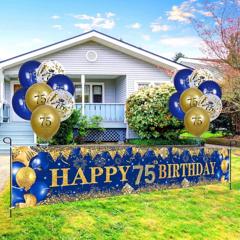 Blue Gold 75th Birthday Decorations for Men Women, Navy Blue Gold Happy 75th Birthday Party Yard Banner 18 PCS 75 th Balloons for 75 Years