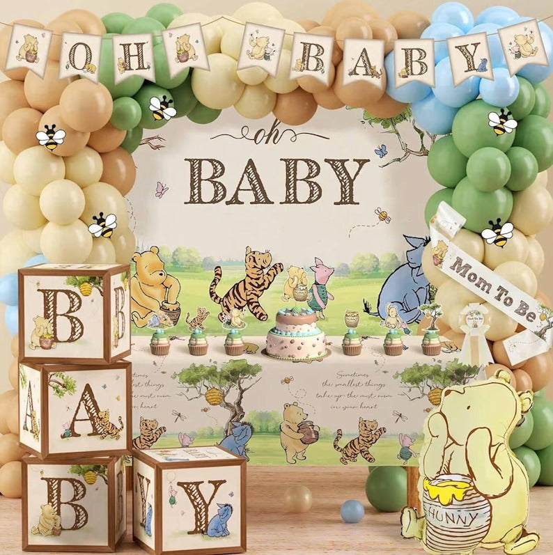 Classic Winnie Bear Baby Shower Decorations, Neutral All-In-One Pooh Baby Shower Balloon Arch Baby Boxes Backdrop Banner Tablecloth …