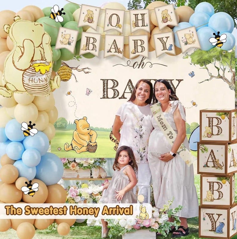 Classic Winnie Bear Baby Shower Decorations, Neutral All-In-One Pooh Baby Shower Balloon Arch Baby Boxes Backdrop Banner Tablecloth …