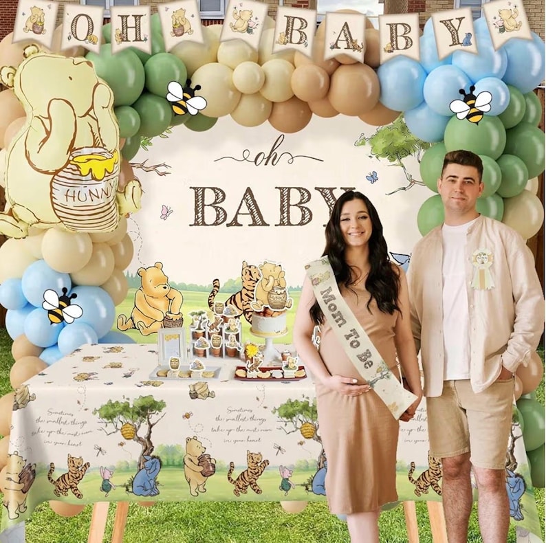 Classic Winnie Bear Baby Shower Decorations, Neutral All-In-One Pooh Baby Shower Balloon Arch Baby Boxes Backdrop Banner Tablecloth …