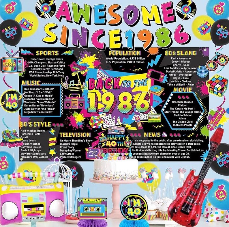 40th Birthday Decorations for Men Women - Back in 1986 Backdrop, Awesome Since 1986 Banner, Hanging Swirls, Honeycomb Centerpieces