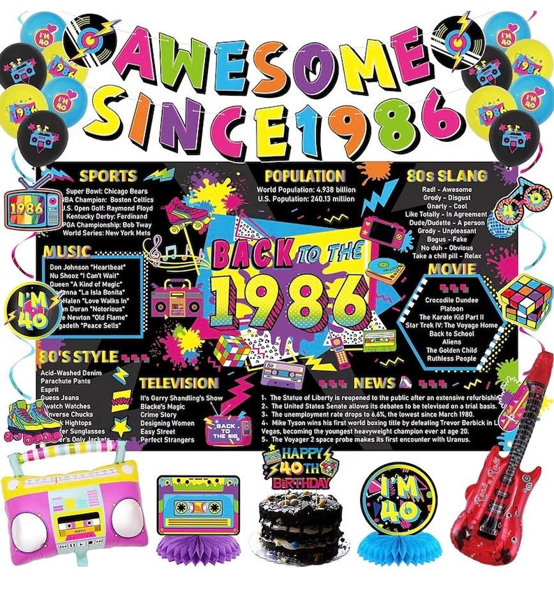 40th Birthday Decorations for Men Women - Back in 1986 Backdrop, Awesome Since 1986 Banner, Hanging Swirls, Honeycomb Centerpieces