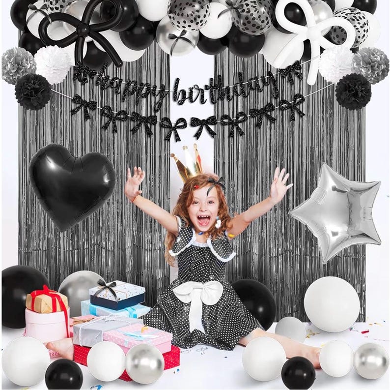 Black Bow Birthday Decorations, Coquette Themed Party Supplies with Light Pearl White Confetti Long Balloons Happy Birthday Banner
