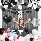 Black Bow Birthday Decorations, Coquette Themed Party Supplies with Light Pearl White Confetti Long Balloons Happy Birthday Banner