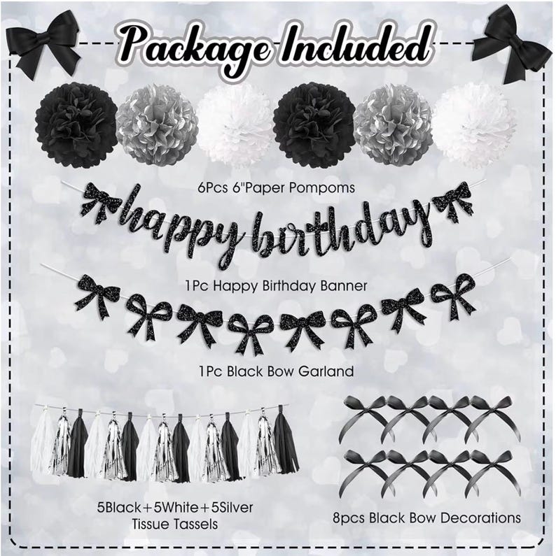 Black Bow Birthday Decorations, Coquette Themed Party Supplies with Light Pearl White Confetti Long Balloons Happy Birthday Banner