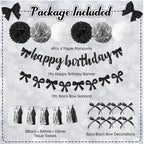 Black Bow Birthday Decorations, Coquette Themed Party Supplies with Light Pearl White Confetti Long Balloons Happy Birthday Banner