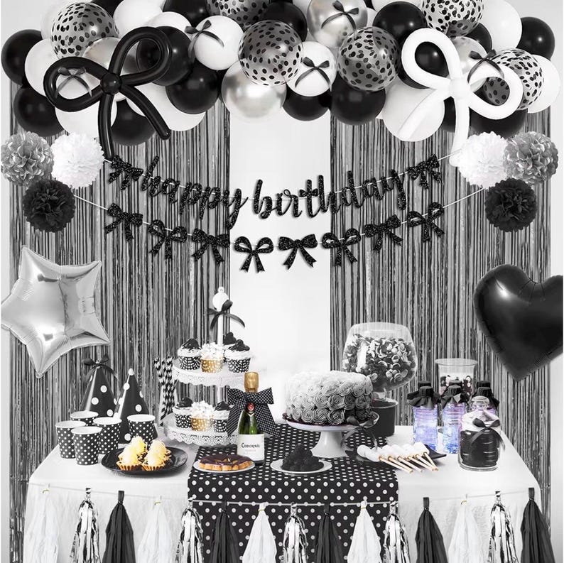 Black Bow Birthday Decorations, Coquette Themed Party Supplies with Light Pearl White Confetti Long Balloons Happy Birthday Banner