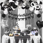 Black Bow Birthday Decorations, Coquette Themed Party Supplies with Light Pearl White Confetti Long Balloons Happy Birthday Banner