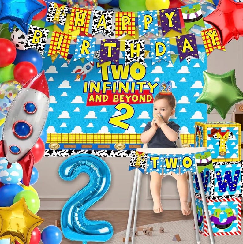 Two Infinity and Beyond Birthday Decorations Cartoon Story 2nd Birthday Party Supplies Include Balloon Arch Banner Backdrop Tablecloth Crown