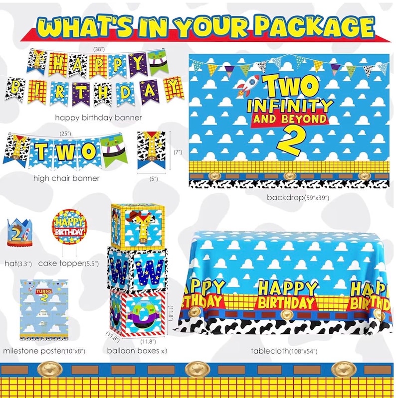 Two Infinity and Beyond Birthday Decorations Cartoon Story 2nd Birthday Party Supplies Include Balloon Arch Banner Backdrop Tablecloth Crown