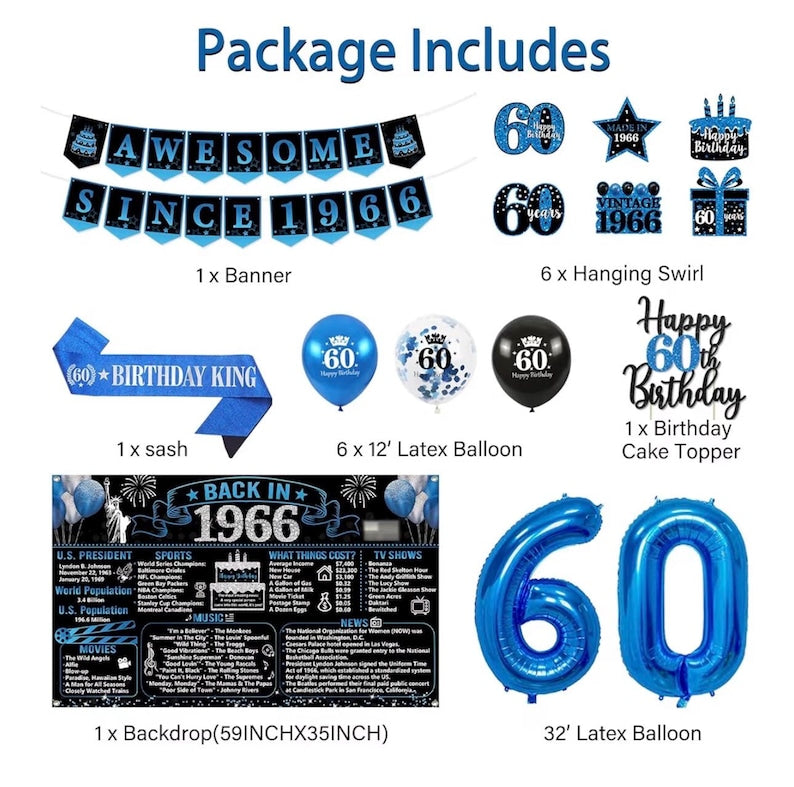 Back in 1966 Birthday Decorations for Men, 20PCS Black Blue 60th Birthday Party Supplies, Blue Back in 1966 Poster Banner, Sash, Cake Topper