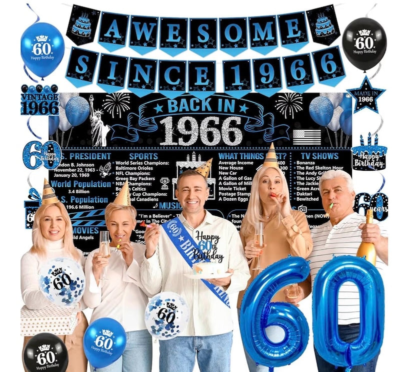 Back in 1966 Birthday Decorations for Men, 20PCS Black Blue 60th Birthday Party Supplies, Blue Back in 1966 Poster Banner, Sash, Cake Topper