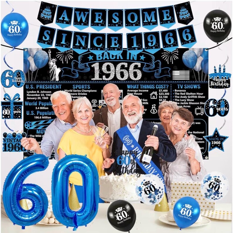 Back in 1966 Birthday Decorations for Men, 20PCS Black Blue 60th Birthday Party Supplies, Blue Back in 1966 Poster Banner, Sash, Cake Topper