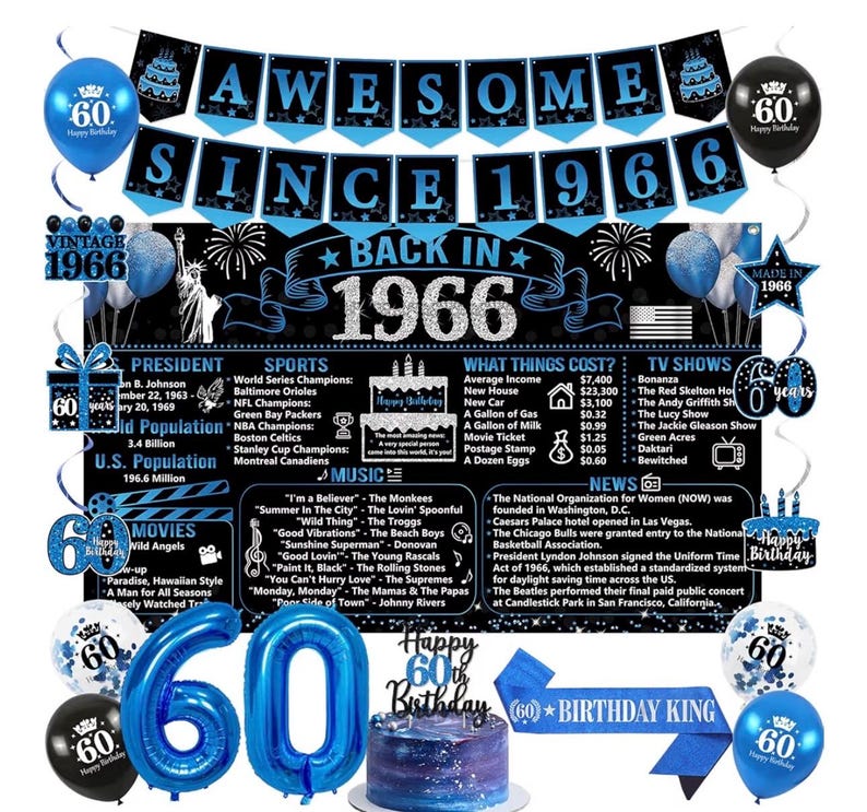 Back in 1966 Birthday Decorations for Men, 20PCS Black Blue 60th Birthday Party Supplies, Blue Back in 1966 Poster Banner, Sash, Cake Topper