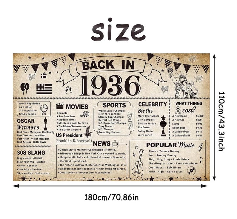 90th Birthday Party Decorations, Vintage Back in 1936 Banner 90 Year Old Birthday Party Poster Supplies Vintage 1936 Backdrop Photography