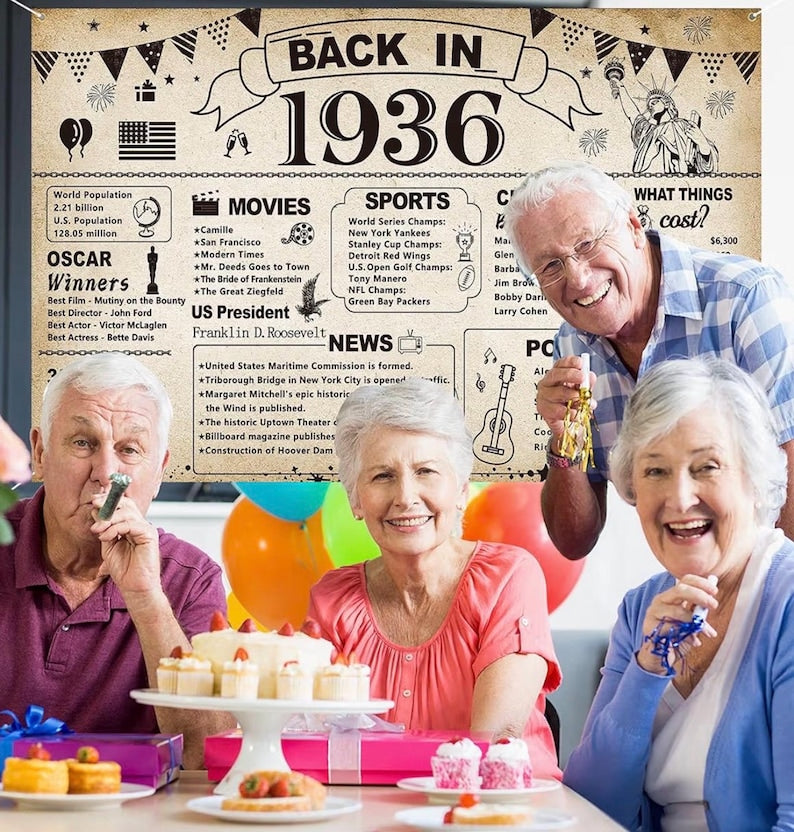 90th Birthday Party Decorations, Vintage Back in 1936 Banner 90 Year Old Birthday Party Poster Supplies Vintage 1936 Backdrop Photography