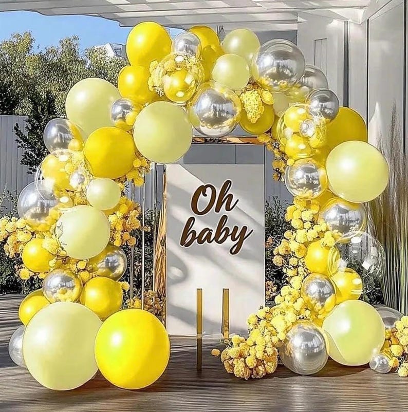 Yellow Balloon Arch Kit, Double Stuffed Pastel Yellow Sliver Metallic Balloon Garland Clear Bobo Balloons for Wedding Baby Shower Birthday