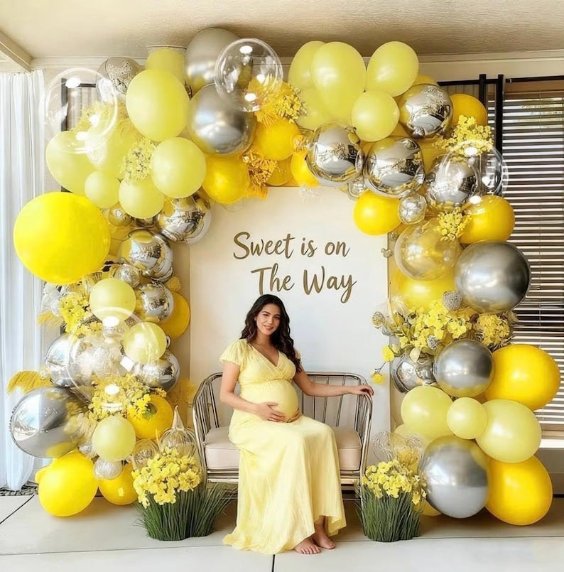 Yellow Balloon Arch Kit, Double Stuffed Pastel Yellow Sliver Metallic Balloon Garland Clear Bobo Balloons for Wedding Baby Shower Birthday