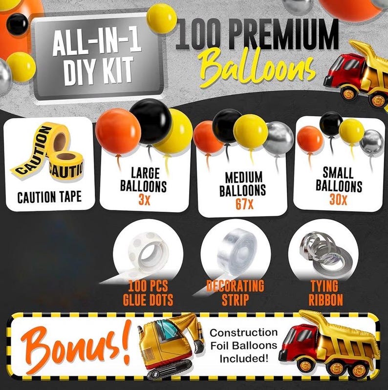 Construction Birthday Party Balloons with Digger Balloons, Cement  Truck Balloons Construction Background Garland Arch Kit with Tablecloth
