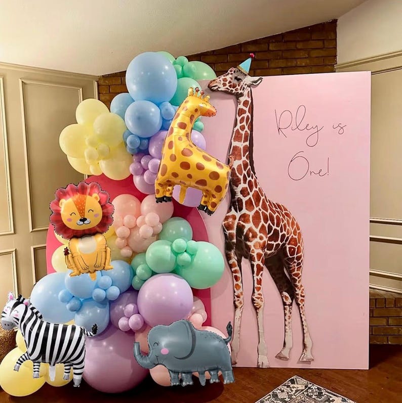 Cute Animal Balloon Garland Arch, 152Pcs Colorful Balloons with Zebra Elephant Giraffe and Lion Foil Balloons for Baby Shower Kids Woodland