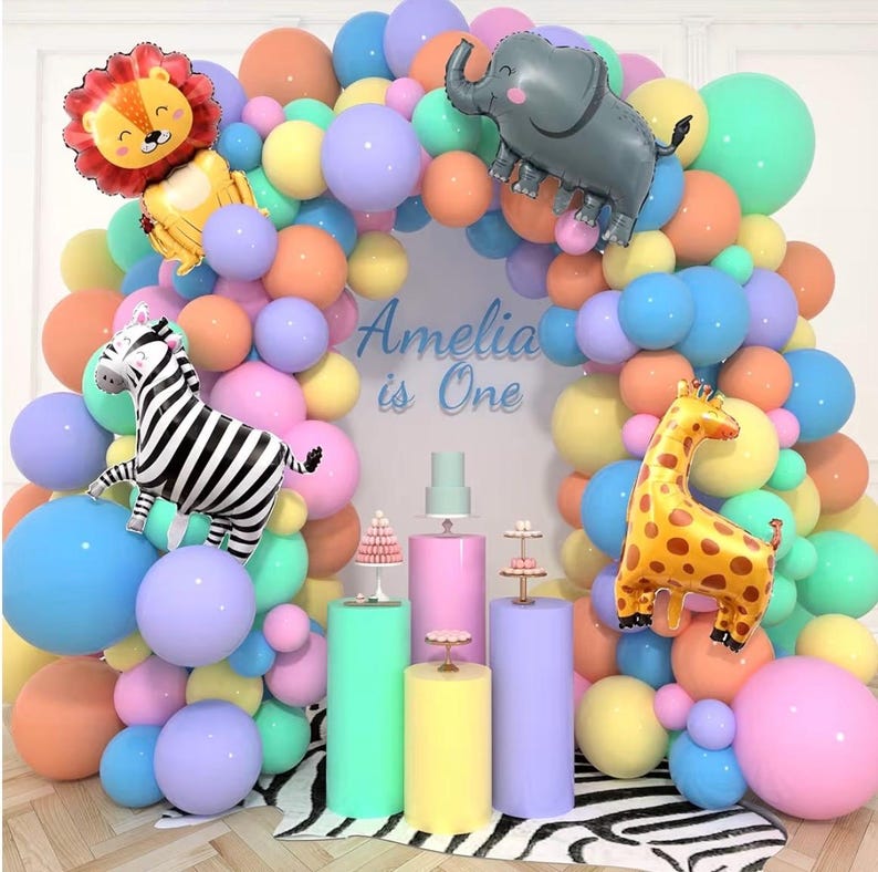 Cute Animal Balloon Garland Arch, 152Pcs Colorful Balloons with Zebra Elephant Giraffe and Lion Foil Balloons for Baby Shower Kids Woodland