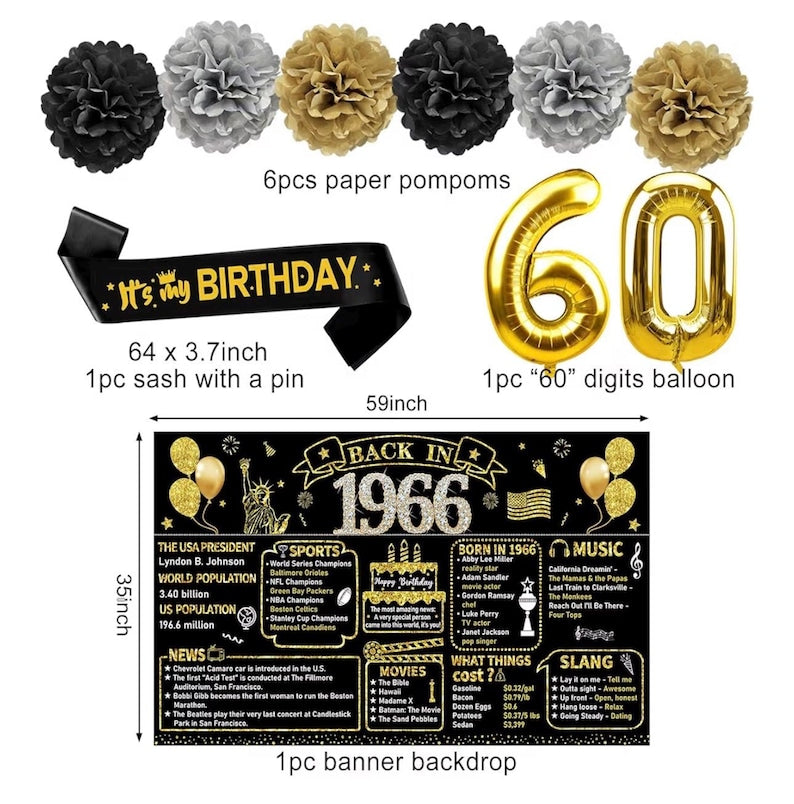 60th Birthday Decorations for Men Women, 21pcs the Year 1966 Banner Balloon Party Supplies, Black Gold 60 Year Old Birthday Backdrop